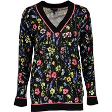 Escada  V Yaka Çiçek Desenli Siyah Yün ve Ipek Triko Kazak