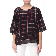 Escada  Kare Desenli Bol Kesim Yarım Kol Lacivert Pamuklu Kazak