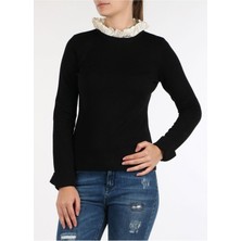 Escada  Çıkarılabilir Dik Yaka Katlı Kol Siyah Yün ve Ipek Triko Kazak