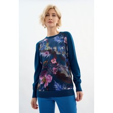 Escada  Çiçek Desenli Petrol Yeşili Ipek ve Yün Kazak