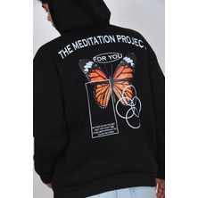 Ars Dt Unisex Oversize Kapuşonlu Kelebek Desenli Siyah Gri Kalın Sweatshirt