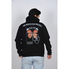 Ars Dt Unisex Oversize Kapuşonlu Kelebek Desenli Siyah Gri Kalın Sweatshirt