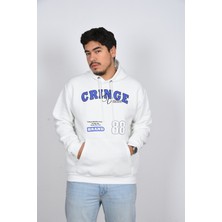 Unisex Rahat Kalıp Kapüşonlu Beyaz Baskılı Yeşil Kalın Şardonlu Sweatshirt