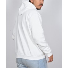 Unisex Rahat Kalıp Kapüşonlu Beyaz Baskılı Yeşil Kalın Şardonlu Sweatshirt