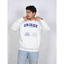 Unisex Rahat Kalıp Kapüşonlu Beyaz Baskılı Yeşil Kalın Şardonlu Sweatshirt