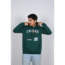 Unisex Rahat Kalıp Kapüşonlu Beyaz Baskılı Yeşil Kalın Şardonlu Sweatshirt