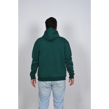 Unisex Rahat Kalıp Kapüşonlu Beyaz Baskılı Yeşil Kalın Şardonlu Sweatshirt