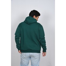 Unisex Rahat Kalıp Kapüşonlu Beyaz Baskılı Yeşil Kalın Şardonlu Sweatshirt