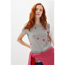 Escada Sport  Kalp Desenli Gri Pamuk T-Shirt