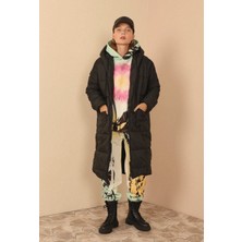Cesi Collection Uzun Kapitone Anorak Kalp Yaka Oversize Salaş Kadın Mont Siyah