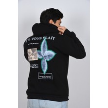 Unisex Kapüşonlu Oversize Çiçek Yaprak Baskılı Rahat Kalın Siyah Beyaz Sweatshirt