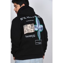 Unisex Kapüşonlu Oversize Çiçek Yaprak Baskılı Rahat Kalın Siyah Beyaz Sweatshirt