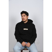 Unisex Kapüşonlu Oversize Çiçek Yaprak Baskılı Rahat Kalın Siyah Beyaz Sweatshirt