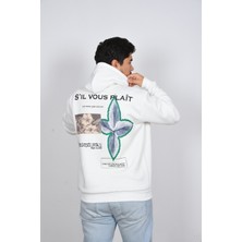 Unisex Kapüşonlu Oversize Çiçek Yaprak Baskılı Rahat Kalın Siyah Beyaz Sweatshirt