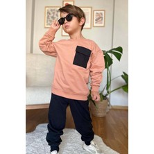 Riccotarz Erkek Çocuk Kapak Cepli Bisiklet Yaka Sweatshirt Somon Eşofman Takım