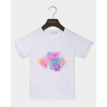 Escada  Kolları Fırfırlı Renk Desenli Beyaz Çocuk T-Shirt