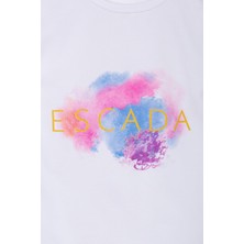 Escada  Kolları Fırfırlı Renk Desenli Beyaz Çocuk T-Shirt