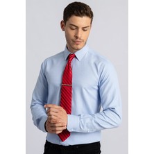 Tudors Modern Slim Fit Uzun Kollu Pamuklu Kolay Ütü Armürlü Erkek Mavi Gömlek