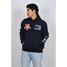 Unisex Kol Baskılı Oversize Şık Görünümlü Lacivert Beyaz Moda Sweatshirt