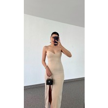 Keten Astarlı Droplu Krem Elbise