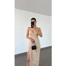 Keten Astarlı Droplu Krem Elbise