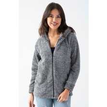 Kadın Siyah Kapüşonlu Peluş Ceket