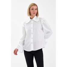 Emmas Clothing Kadın Beyaz Fisto Volanlı Bebe Yaka Gömlek