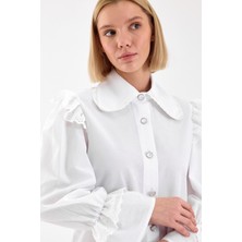 Emmas Clothing Kadın Beyaz Fisto Volanlı Bebe Yaka Gömlek