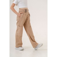 Kız Çocuk Yan Cepli Kemerli Keten Pantolon G2551