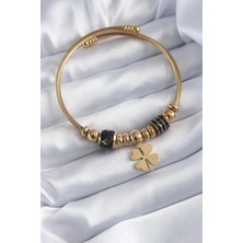 Ebijuteri 316L Çelik Gold Renk Charm Model Yonca Figür Zirkon Taş Detay Kadın Bileklik