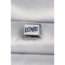 Ebijuteri 316L Çelik Gümüş Renk Beyaz Mavi Love Yaz Işlemeli Nomination Charm