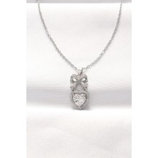 Ebijuteri 316L Çelik Silver Renk Zirkon Taşlı Kalpli Fiyonk Kolye