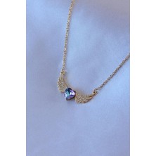Ebijuteri 316L Çelik Gold Renk Zirkon Taş Kanatlı Kristal Kalpli Model Kadın Kolye