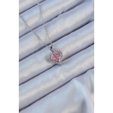 Ebijuteri 316L Çelik Zincir Gümüş Renk Pembe Zirkon Taşlı Kalp Kolye