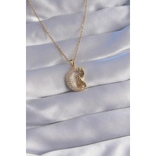 Ebijuteri 316L Çelik Zincir Gold Renk Kuş Figürlü Zirkon Taşlı Ay Tasarımlı Kolye