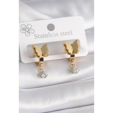 Ebijuteri 316L Çelik Gold Renk Simli Kelebek Model Sallantı Zirkon Taş Detay Kadın Küpe