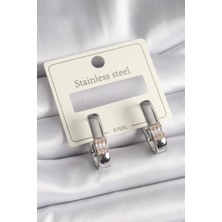 Ebijuteri 316L Çelik Gümüş Renk Zirkon Taşlı Kadın Küpe
