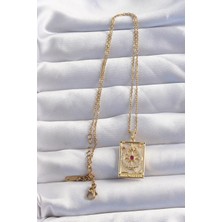Ebijuteri 316L Çelik Zincir Gold Renk Pembe Zirkon Taşlı Tarot Kolye