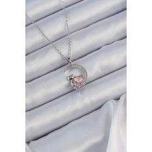 Ebijuteri 316L Çelik Zincir Gümüş Renk Pembe Zirkon Taşlı Kedili Ay Kolye