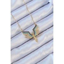 Ebijuteri 316L Çelik Zincir Altın Renk Mavi Zirkon Taşlı Mikail Meleği Kolye