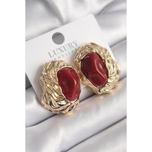 Ebijuteri Pirinç Gold Renk Kırmızı Oval Işleme Detay Vintage Kadın Küpe