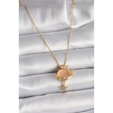 Ebijuteri 316L Çelik Gold Renk Zincir Zirkon Taşlı Krem Renk Mineli Gezegen Model Kadın Kolye