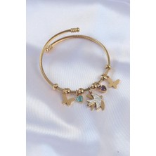 Ebijuteri 316L Çelik Gold Renk Zirkon Taşlı Minimal Kalp Detay Kelebek Charm Bileklik