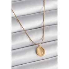 Ebijuteri 316L Çelik Gold Renk Sarı Kedi Gözü Sedefli Oval Model Kadın Kolye