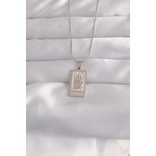 Ebijuteri 316L Çelik Gümüş Renk Pembe Mineli El Figür Tarot Kolye