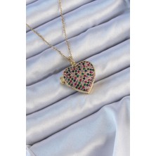 Ebijuteri 316L Çelik Zincir Altın Renk Renkli Zirkon Taşlı Içi Açılan Bombeli Kalp Kolye