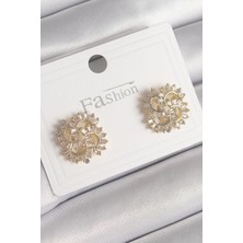 Ebijuteri Pirinç Gold Renk Zirkon Taşlı Yonca Model Kadın Küpe