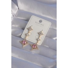 Ebijuteri Xuping Gold Renk Pembe Zirkon Taşlı Yıldız Model Küpe