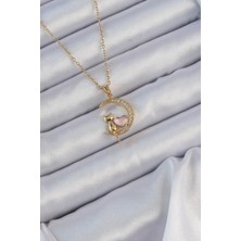 Ebijuteri 316L Çelik Zincir Altın Renk Pembe Zirkon Taşlı Kedili Ay Kolye