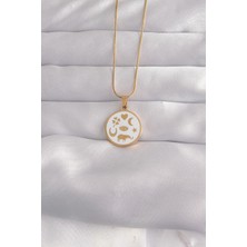 Ebijuteri 316L Çelik Gold Renk Beyaz Mineli Karışık Figürlü Tarot Kolye